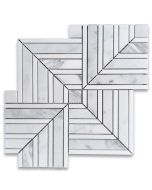 Statuary White Marble Maze Square Chevron Mosaic Tile w/ Thassos White Strip Honed