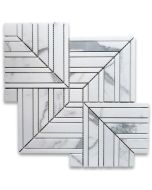 Statuary White Marble Maze Square Chevron Mosaic Tile w/ Thassos White Strip Polished