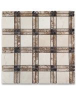 Crema Marfil Marble Plaid Tartan Mosaic Tile w/ Emperador Brown Polished