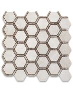 Crema Marfil Marble 2 inch Hexagon Mosaic Tile w/ Emperador Light Strips Polished