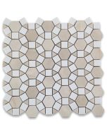 Crema Marfil Marble 1-1/2 inch Hexagon Sunflower Ring Waterjet Mosaic Tile w/ Thassos White Polished
