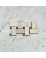 (Sample) Crema Marfil Marble 1x2 Basketweave Mosaic Tile w/ Nero Marquina Black Dots Tumbled