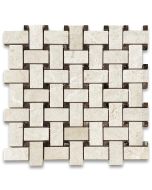 Crema Marfil 1x2 Basketweave Mosaic Tile w/ Emperador Dark Dots Polished