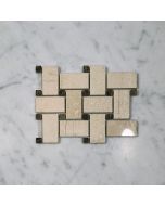 (Sample) Crema Marfil Marble 1x2 Basketweave Mosaic Tile w/ Emperador Dark Brown Dots Polished