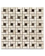 Crema Marfil Target Pinwheel Mosaic Tile w/ Emperador Dark Dots Polished