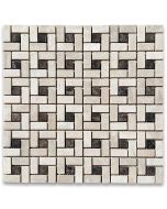 Crema Marfil Marble Pinwheel Windmill Spiral Target Mosaic Tile w/ Emperador Dark Dots Tumbled