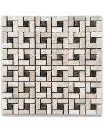 Crema Marfil Marble Pinwheel Windmill Spiral Target Mosaic Tile w/ Emperador Dark Dots Tumbled