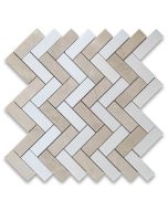 Crema Marfil Marble 1x3 Herringbone Mosaic Tile w/ Thassos White Polished