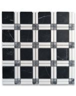 Nero Marquina Black Marble Plaid Tartan Mosaic Tile w/ Bardiglio Gray Thassos White Honed