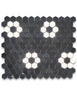 Nero Marquina Black Marble 1 inch Hexagon Rosette Mosaic Tile w/ Thassos White Honed