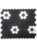 Nero Marquina Black Marble 1 inch Hexagon Rosette Mosaic Tile w/ Thassos White Polished