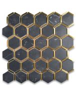 Nero Marquina Black Marble 2 inch Hexagon Mosaic Tile w/ Brass Strips Honed