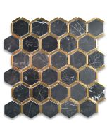 Nero Marquina Black Marble 2 inch Hexagon Mosaic Tile w/ Brass Strips Polished