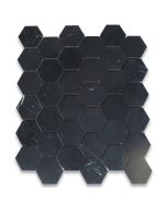 Nero Marquina Black Marble 2 inch Hexagon Mosaic Tile Honed