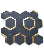 Nero Marquina Black Marble 3 inch Hexagon Mosaic Tile w/ Brass Strips Honed