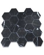 Nero Marquina Black Marble 3 inch Hexagon Mosaic Tile Honed