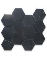 Nero Marquina Black Marble 4 inch Hexagon Mosaic Tile Honed