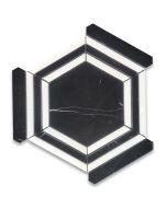 Nero Marquina Black Marble 5 inch Hexagon Georama Geometric Mosaic Tile w/ Thassos White Strips Honed