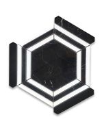 Nero Marquina Black Marble 5 inch Hexagon Georama Geometric Mosaic Tile w/ Thassos White Strips Polished