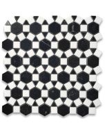 Nero Marquina Black Marble 1-1/2 inch Hexagon Sunflower Ring Waterjet Mosaic Tile w/ Thassos White Marble Polished