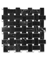 Nero Marquina 1x2 Basketweave Mosaic Tile w/ Carrara White Dots Polished