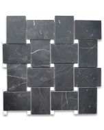 Nero Marquina Black Marble Large Basketweave Mosaic Tile w/ Thassos White Dots Honed