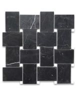 Nero Marquina Black Marble Large Basketweave Mosaic Tile w/ Thassos White Dots Polished