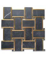 Nero Marquina Black Marble 2x3 Basketweave Mosaic Tile w/ Brass Strips Honed