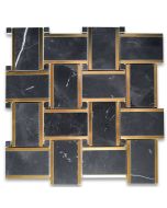 Nero Marquina Black Marble 2x3 Basketweave Mosaic Tile w/ Brass Strips Polished