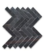 Nero Marquina Black Marble 1x4 Herringbone Mosaic Tile Polished