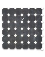 Nero Marquina Black Marble 2 inch Octagon Mosaic Tile w/ Thassos White Dots Honed