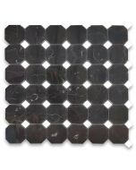 Nero Marquina Black Marble 2 inch Octagon Mosaic Tile w/ Thassos White Dots Polished