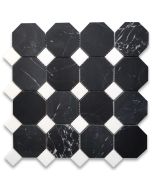 Nero Marquina Black Marble 3 inch Octagon Mosaic Tile w/ Thassos White Dots Honed