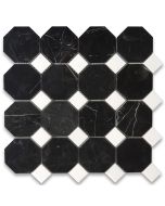 Nero Marquina Black Marble 3 inch Octagon Mosaic Tile w/ Thassos White Dots Polished