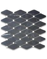 Nero Marquina Black Marble Lozenge Long Octave Rhomboid Chipped Diamond Mosaic Tile w/ Thassos White Dots Honed