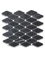 Nero Marquina Black Marble Lozenge Long Octave Rhomboid Chipped Diamond Mosaic Tile w/ Thassos White Dots Polished