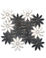 Nero Marquina Black Thassos White Marble Daisy Field Flower Waterjet Mosaic Tile Honed