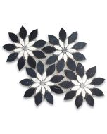 Nero Marquina Black Marble Wildflower Rain Flower Waterjet Mosaic Tile w/ Carrara & Bardiglio Honed