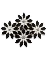 Nero Marquina Black Marble Wildflower Rain Flower Waterjet Mosaic Tile w/ Carrara & Bardiglio Polished