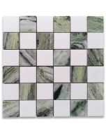 Sagano Vibrant Green Thassos White Marble 2x2 Checkerboard Mosaic Tile Honed