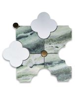 Sagano Vibrant Green Thassos White Marble Quatrefoil Four-Leaf Four-Lobed Clover Flower Mosaic Tile w/ Brass Dots Honed