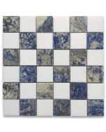 Thassos White Azul Macaubas Blue Marble 2x2 Checkerboard Mosaic Tile Honed