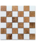 Thassos White Yellow Woodgrain Marble 2x2 Checkerboard Mosaic Tile Honed