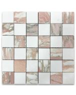 Thassos White Norwegian Rose Pink Marble 2x2 Checkerboard Mosaic Tile Honed
