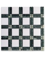 Thassos White Carrara White Marble Plaid Tartan Mosaic Tile w/ Indian Green Sagano Green Honed