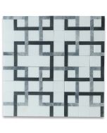 Thassos White Marble Square Mosaic Tile w/ Geometric Interconnected Black and Gray Links Honed