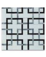 Thassos White Marble Square Mosaic Tile w/ Geometric Interconnected Black and Gray Links Polished