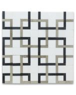Thassos White Marble Square Mosaic Tile w/ Geometric Interconnected Black and Beige Links Honed