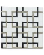 Thassos White Marble Square Mosaic Tile w/ Geometric Interconnected Black and Beige Links Polished