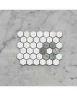 Thassos White Marble 1 inch Hexagon w/ Ming Green Marble Rosette Pattern Mosaic Tile Honed